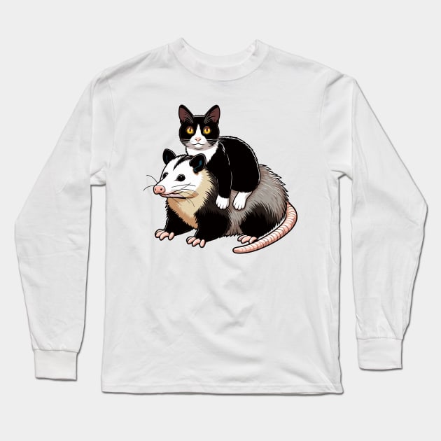 Cute Tuxedo Cat On A Opossum Long Sleeve T-Shirt by MoDesigns22 